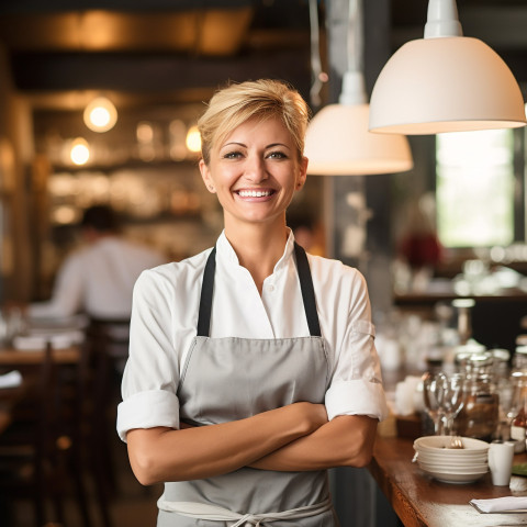 Gracious female restaurant manager with a welcoming smile on blurred background