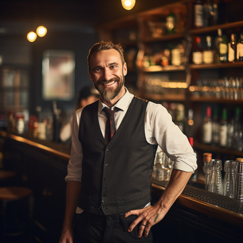 Cheerful bar manager greets customers with a warm smile on blurred background