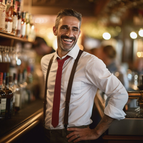 Cheerful bar manager greets customers with a warm smile on blurred background