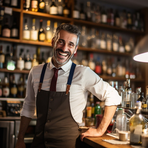 Cheerful bar manager greets customers with a warm smile on blurred background