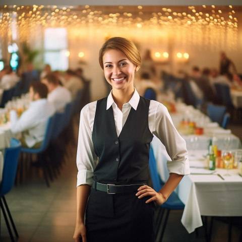 Cheerful female event manager working in a professional setting on blurred background