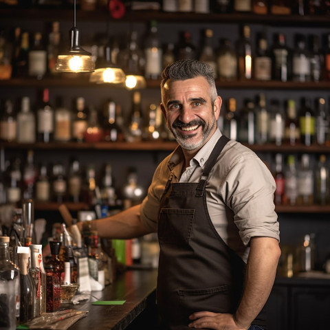 Cheerful bar manager greets customers with a warm smile on blurred background