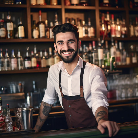 Cheerful bartender mixing drinks with a welcoming smile on blurred background