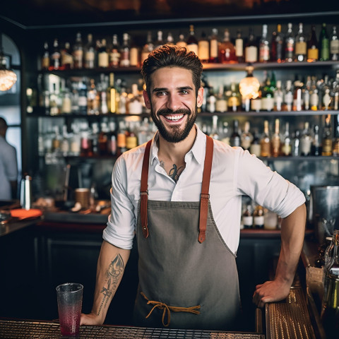 Cheerful bartender mixing drinks with a welcoming smile on blurred background