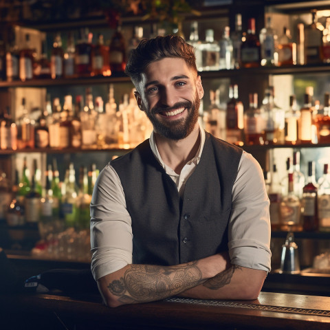 Cheerful bartender mixing drinks with a welcoming smile on blurred background