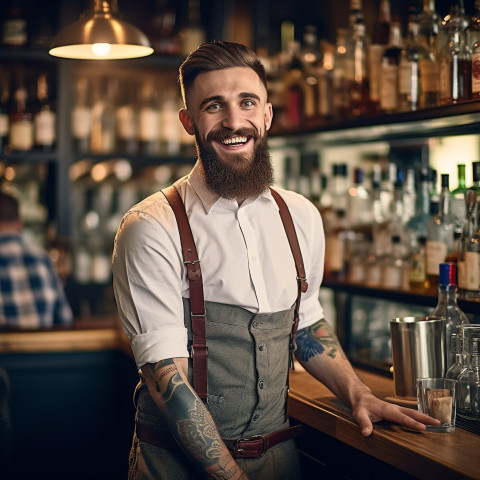 Cheerful bartender mixing drinks with a welcoming smile on blurred background