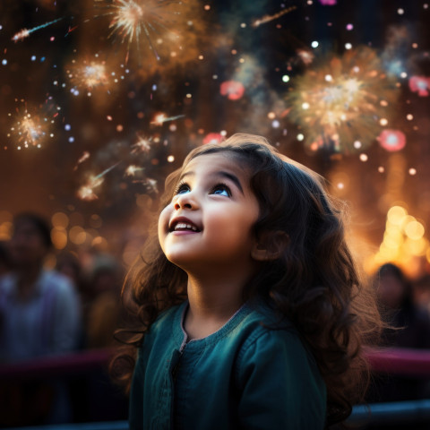 Young girl is amazed by brilliant fireworks show