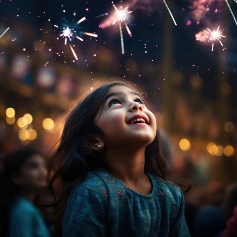 Young girl is amazed by brilliant fireworks show