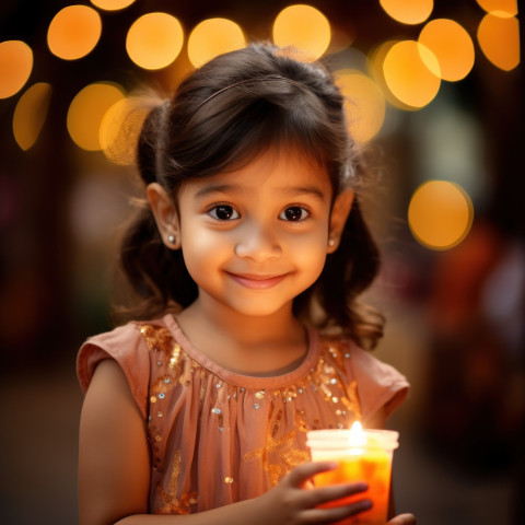 Smiling girl celebrates Diwali with lit candle