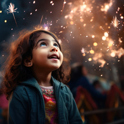 Young girl is amazed by brilliant fireworks show