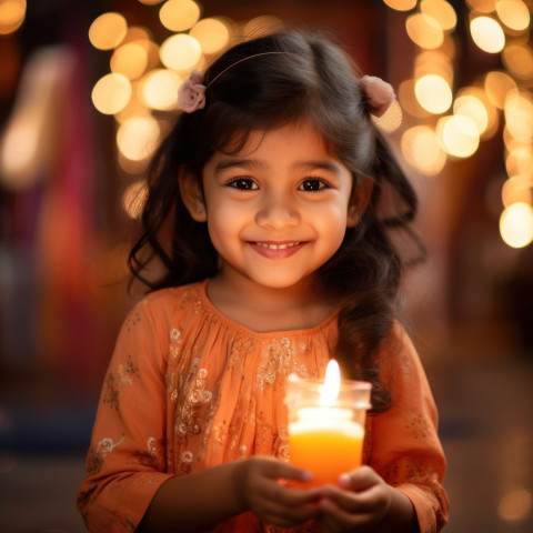 Smiling girl celebrates Diwali with lit candle