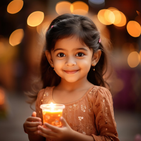 Smiling girl celebrates Diwali with lit candle