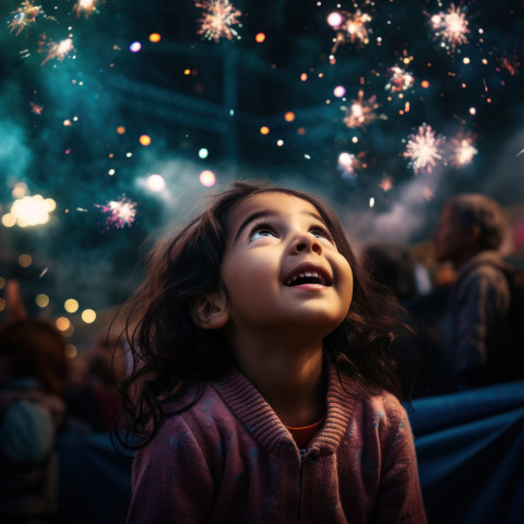 Young girl is amazed by brilliant fireworks show