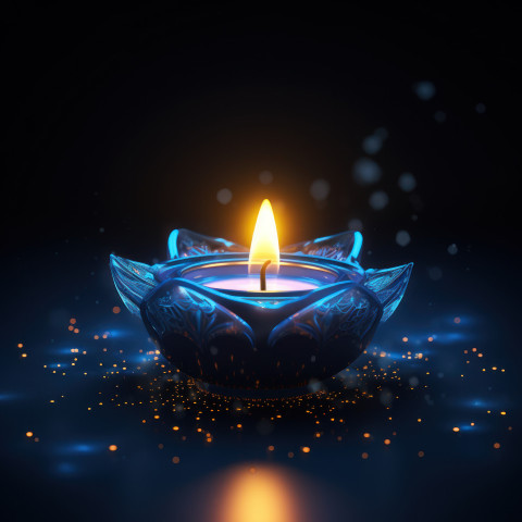 Blue diya candle glows softly against a dark backdrop