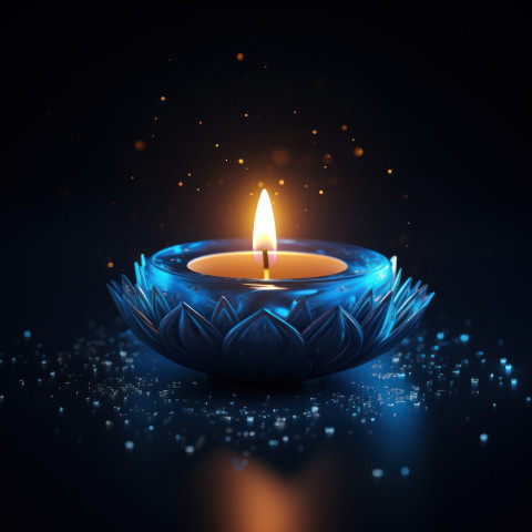 Blue diya candle glows softly against a dark backdrop