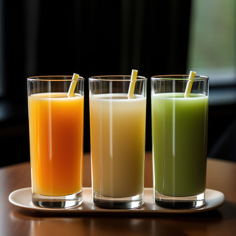 Three glasses of juice with colorful straws orange white and green