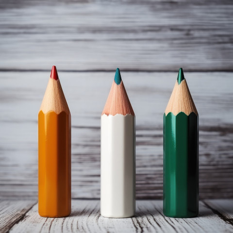 A of pencils orange white green a clean white wooden background