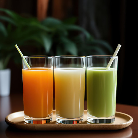 Three colorful glasses of juice with straws orange white and green