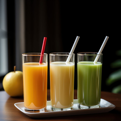 Vibrant glasses filled with orange white and green juice each adorned with a straw