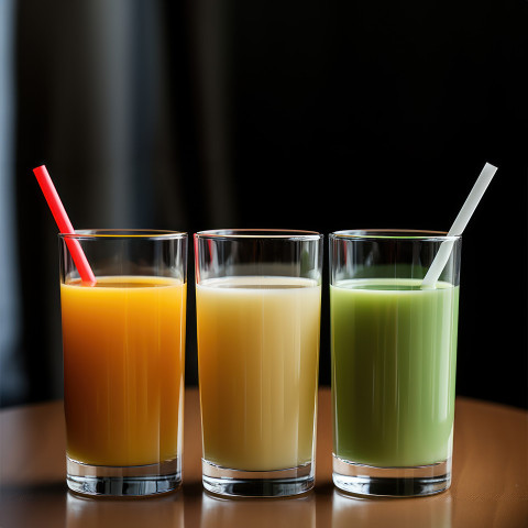 Vibrant glasses of juice with straws in orange white and green colors