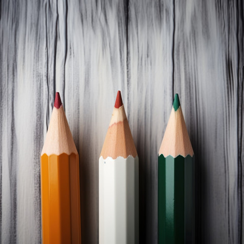 Three pencils orange white green stand on a white wall