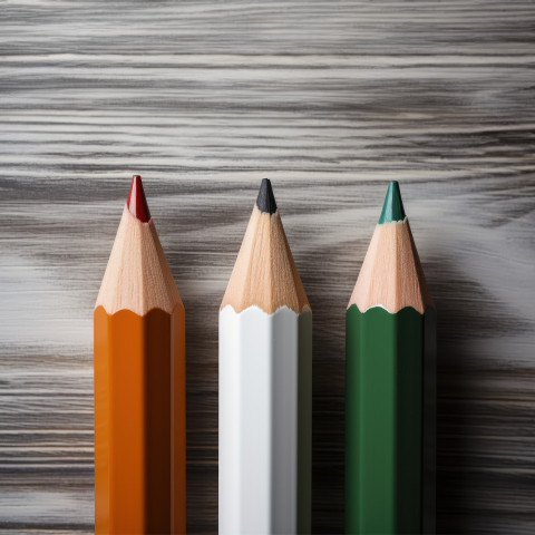 Three colorful pencils stand against a plain white wall creating a vibrant contrast