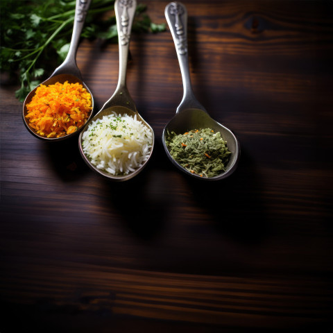 Spoon filled with orange white and green rice showcasing a colorful mix of rice varieties in a delightful arrangement