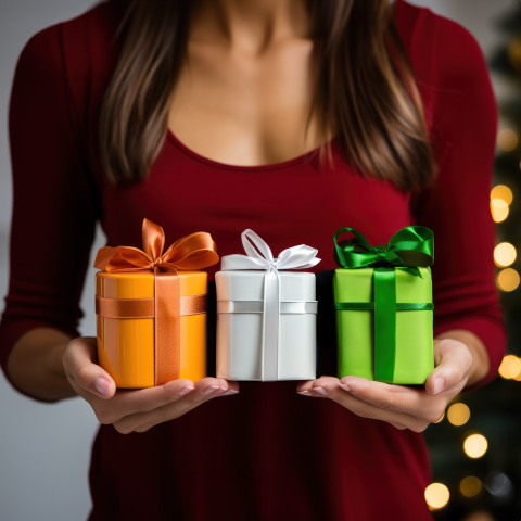 Three colorful gift boxes someone each representing joy orange white and green