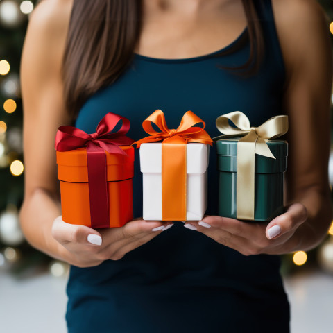 Person holding three small gift boxes showcasing colorful surprises orange white and green gifts