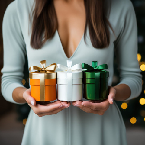 Person holding three small gift boxes showcasing colorful presents in orange white and green hues