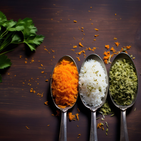 Spoon holds diverse rice types orange white green creating a colorful blend in a delightful culinary display