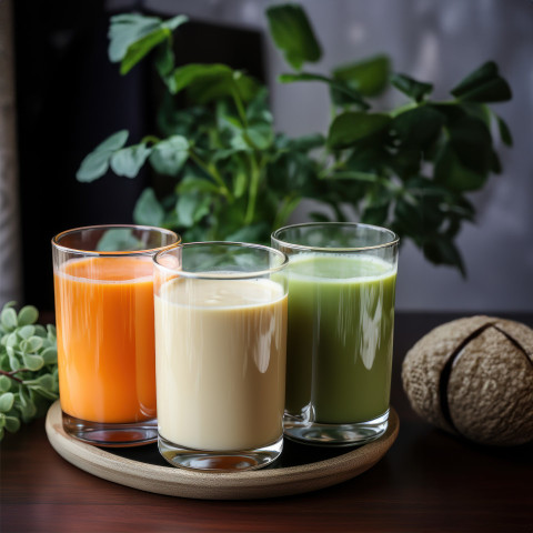 Three cups with orange white and green colors mixed into milk creating a vibrant and tasty blend