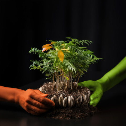 Three hands with india flags planting a plant together celebrating unity and environmental consciousness