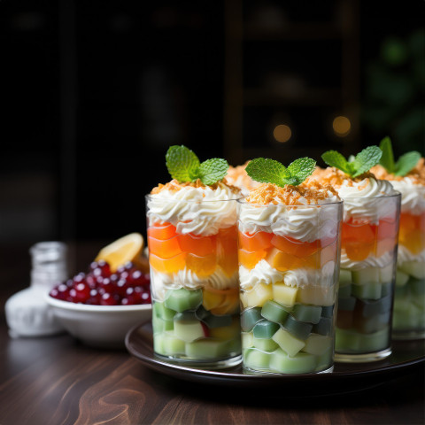 Mini dessert cups showcasing a medley of fresh fruits and luscious cream offering a sweet and elegant indulgence for all