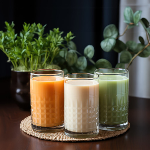 Colorful cups filled with orange white and green hues merging into milk forming a delightful and visually appealing mixtur