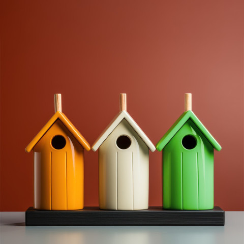 Colorful birdhouses in orange white and green creating a charming scene for our avian neighbors in the garden