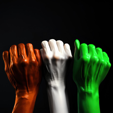 Three peoples hands painted in indian flag colors against a black background