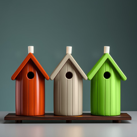 Three small birdhouses in orange white and green colors providing cozy homes for feathered friends in a garden