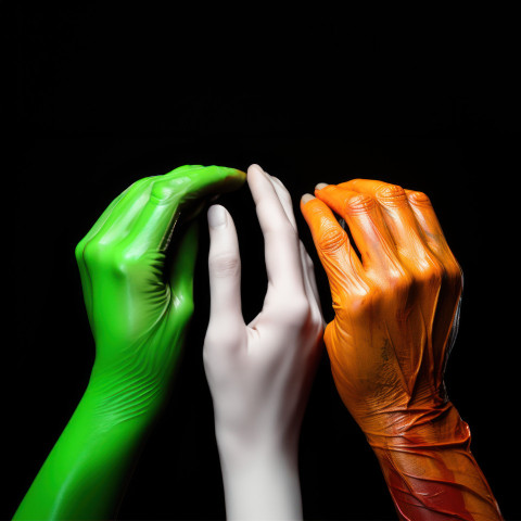 Three hands painted in indian flag colors on a black background symbolizing unity and patriotism