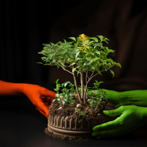 Showing unity with three hands displaying india flags while planting a plant emphasizing environmental consciousness