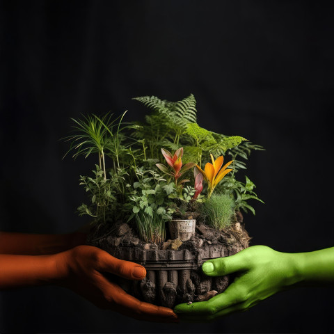 Unity in diversity as three hands display india flags while collaboratively planting a green seed symbolizing collective growth