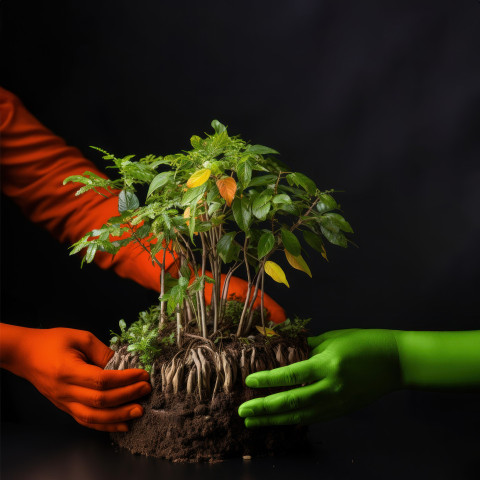 Three hands with india flags planting a plant together promoting unity and environmental action