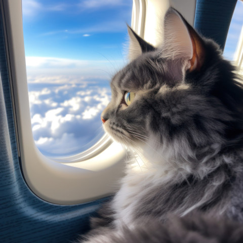 Cat looks out of airplane window