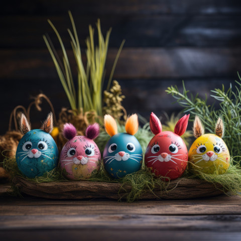 Colorful eggs with bunny ears in a row on grass creating a festive and playful easter scene