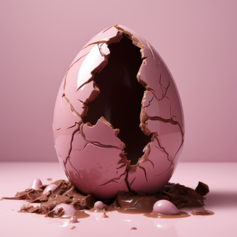 Easter egg in chocolate shell broken on a vibrant pink background