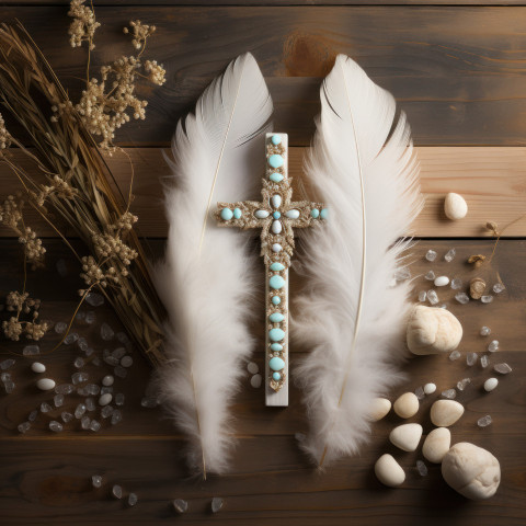 White stone cross adorned with feather and pebbles on wooden background