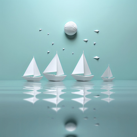 Four paper boats sail on moonlit water in a cutout style scene creating a minimalist illustration of tranquility and adventure