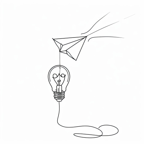 Minimal illustration of a paper plane in flight connected to a light bulb in one continuous line representing creative ideas taking off