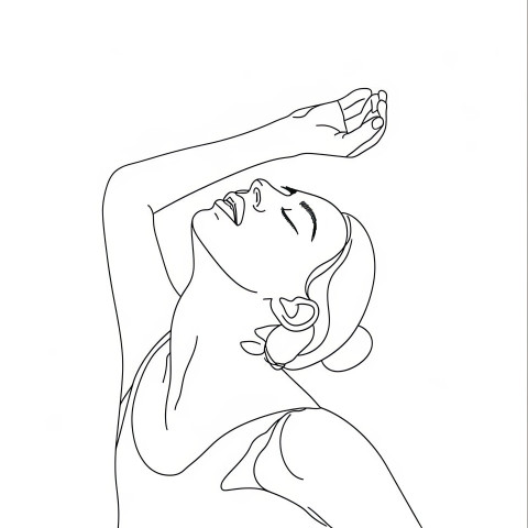 Minimalist illustration of a continuous black line art depicts a woman stretching her arms in a relaxing pose