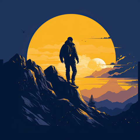 Confident man walks on majestic mountain in minimalist illustration